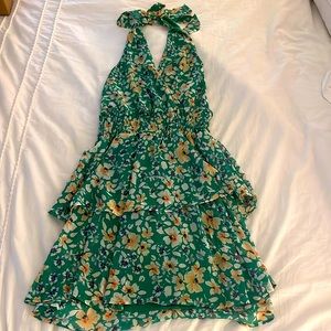 Green Floral Ruffle Halter Sun Dress